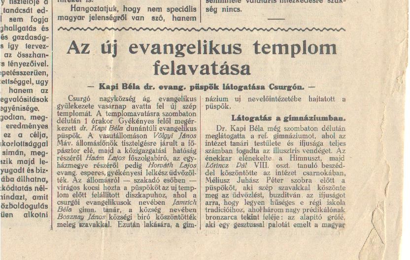 Híradás a Harangszóban a templomszentelésről - részlet